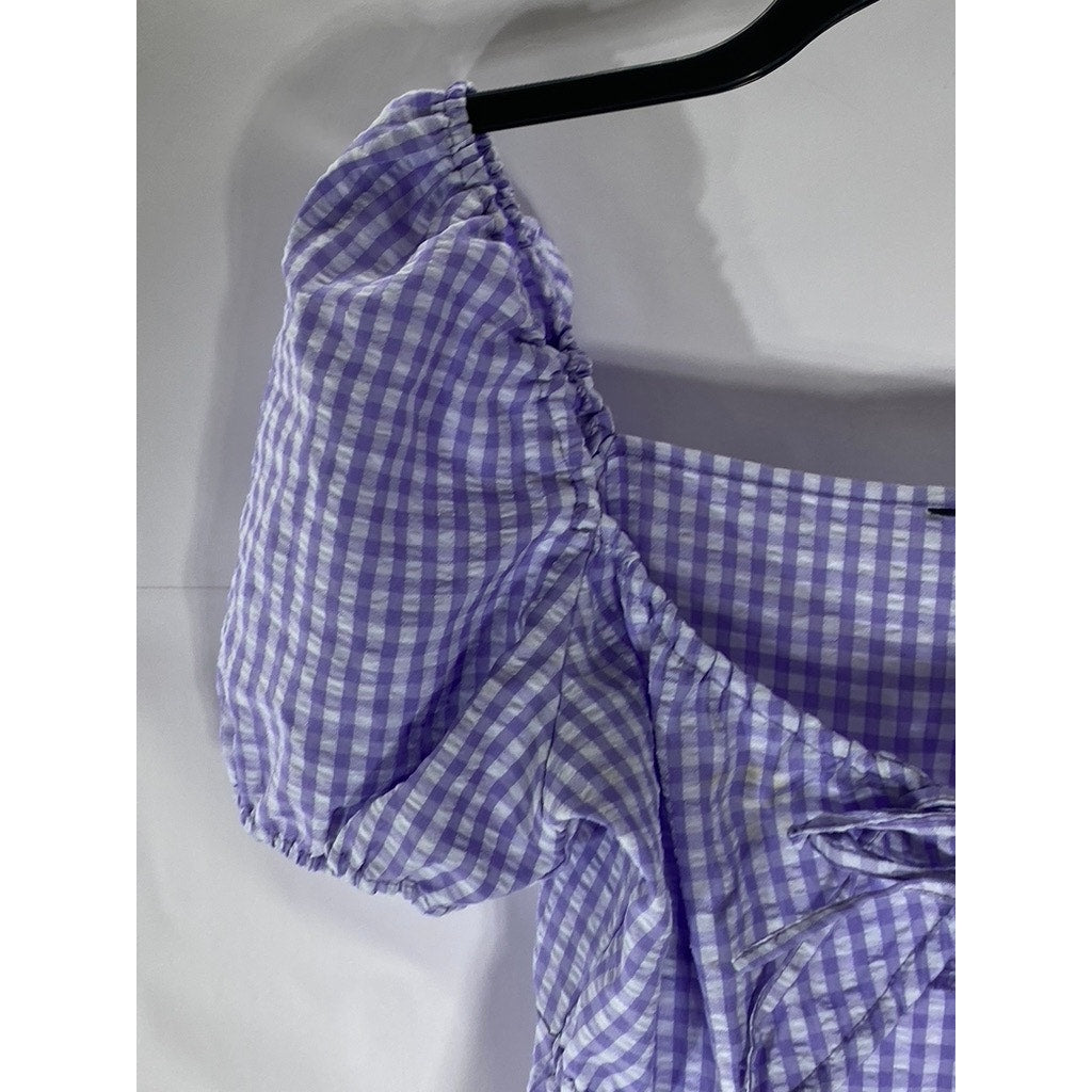 H&M Women's Purple-White Gingham Tie-Front Cutout Puff-Sleeve Mini Dress SZ XS
