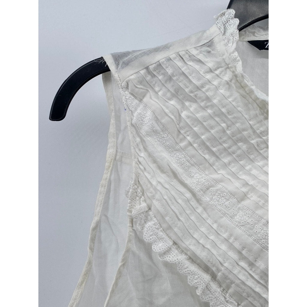 ZARA Women’s White Pleated Lace-Trim High-Neck Button-Up Top SZ M