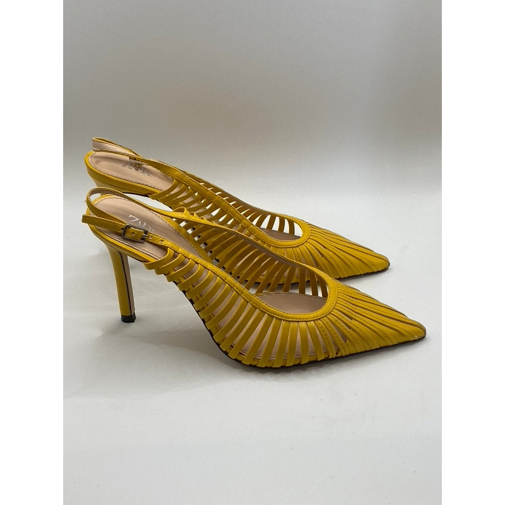 ZARA Women’s Mustard Yellow Cutout Strappy Pointed-Toe Slingback Heels SZ US6.5