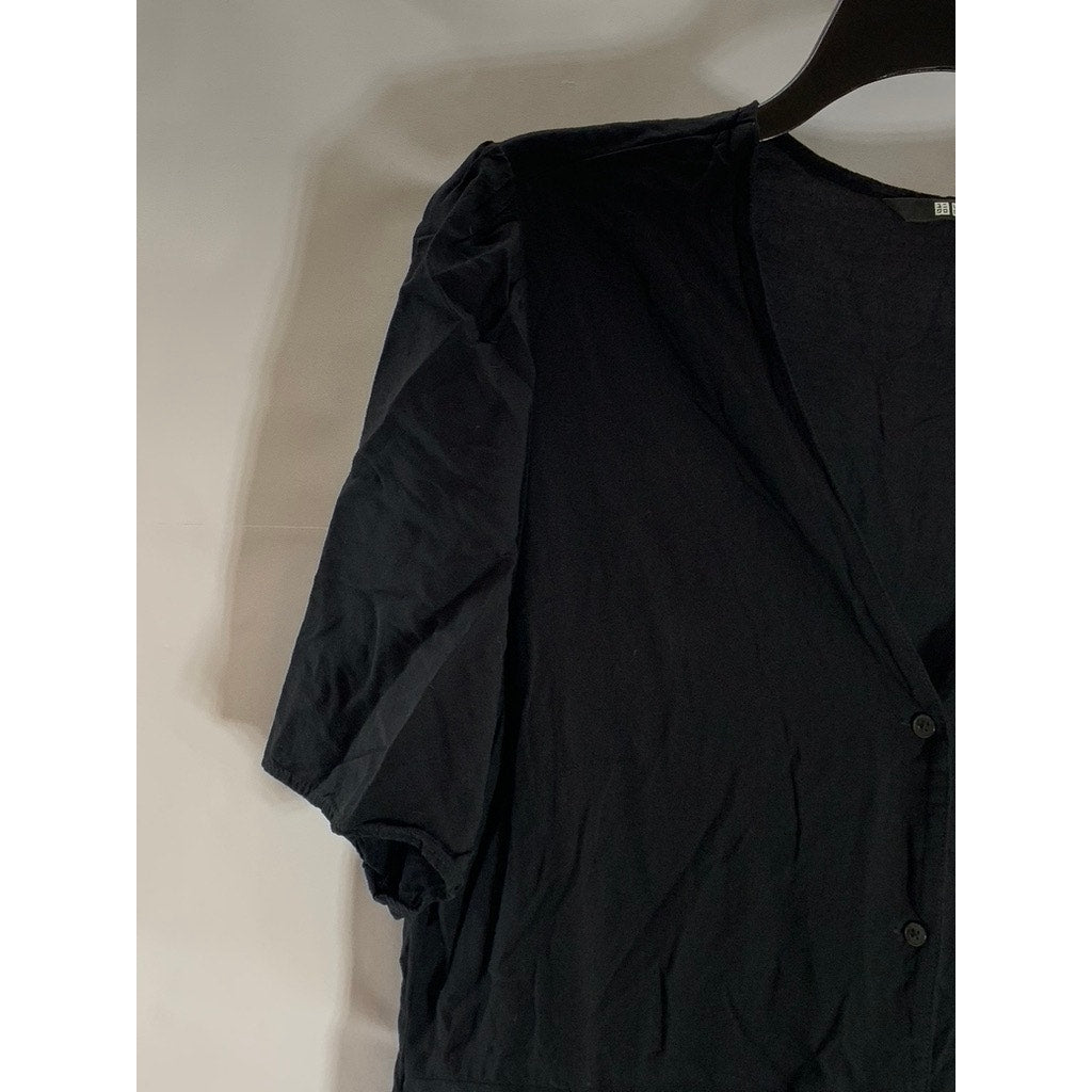 UNIQLO Women's Black Solid V-Neck Short Sleeve Button-Front Midi Dress SZ L