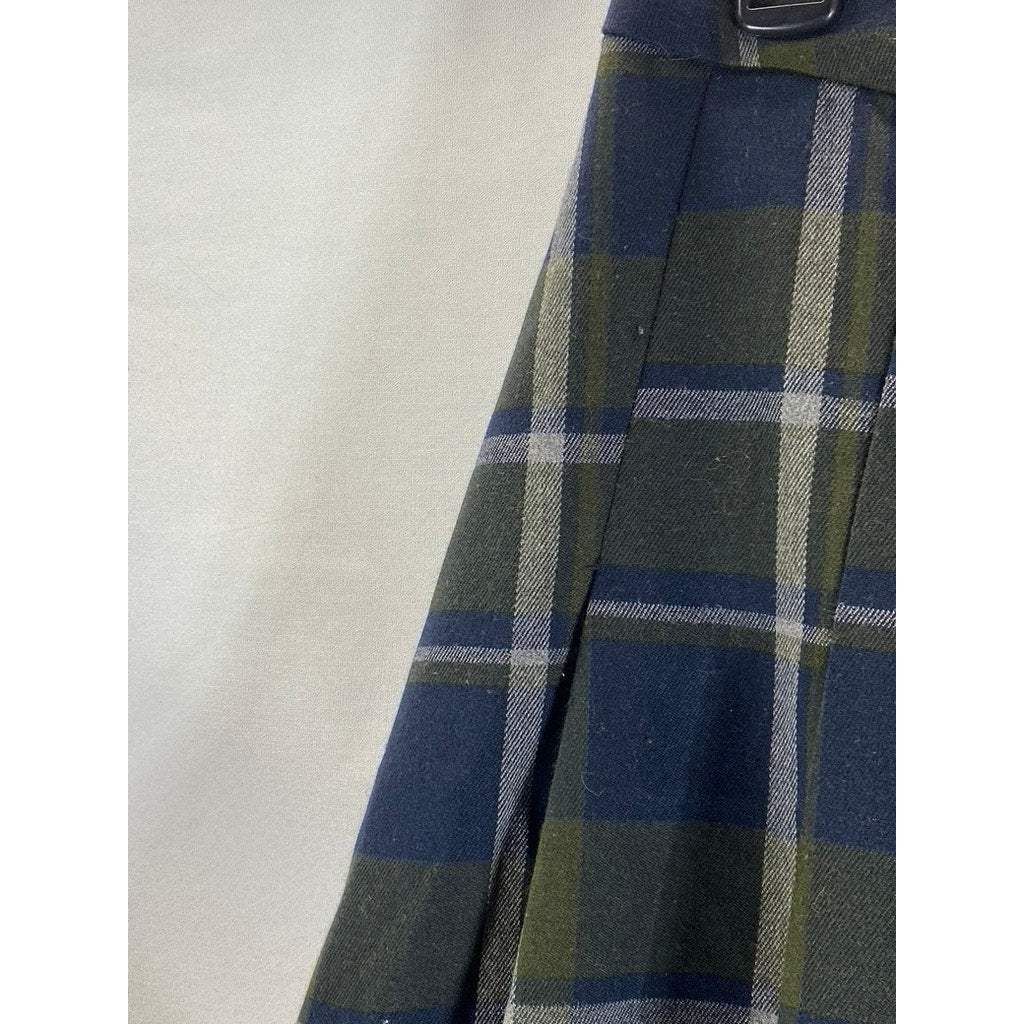 MANGO MNG Women's Green/Navy Check Grunge Pleated Mini Skirt SZ 2XL