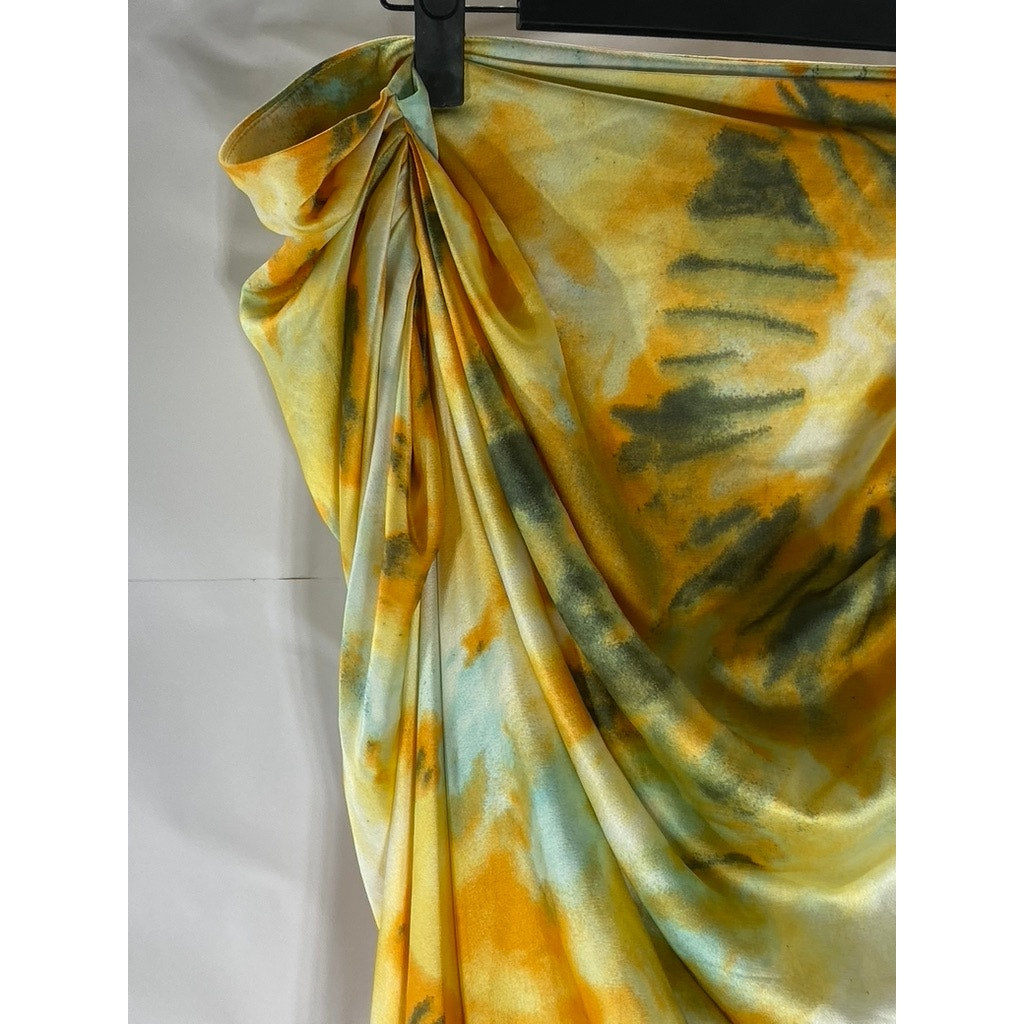 PRETTY LITTLE THINGS Women's Orange Tie-Dye Ruched Side Midi Pull-On Skirt SZ 12