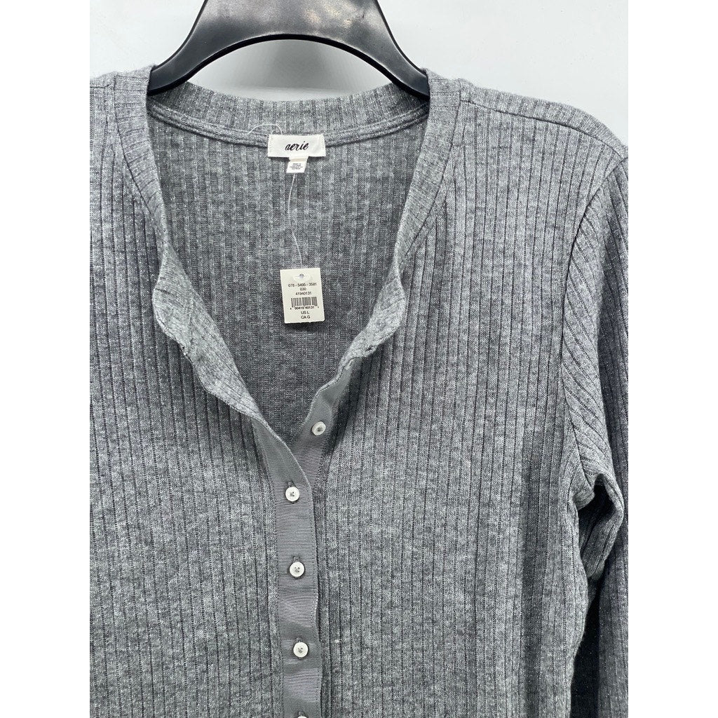 AERIE Women’s Heather Gray Ribbed Long Sleeve Button-Up Top SZ L