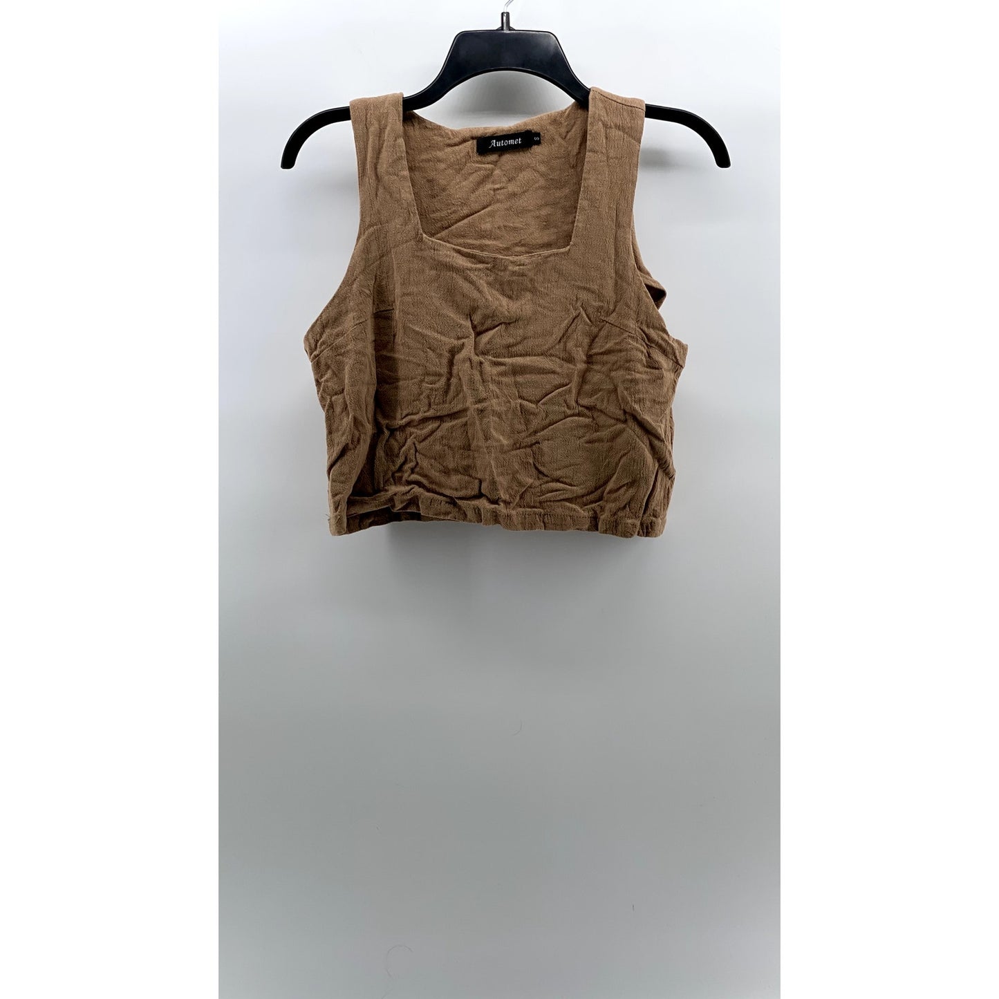 AUTOMET Women's Tan Linen-Blend Textured Straight-Neck Cropped Tank Top SZ S
