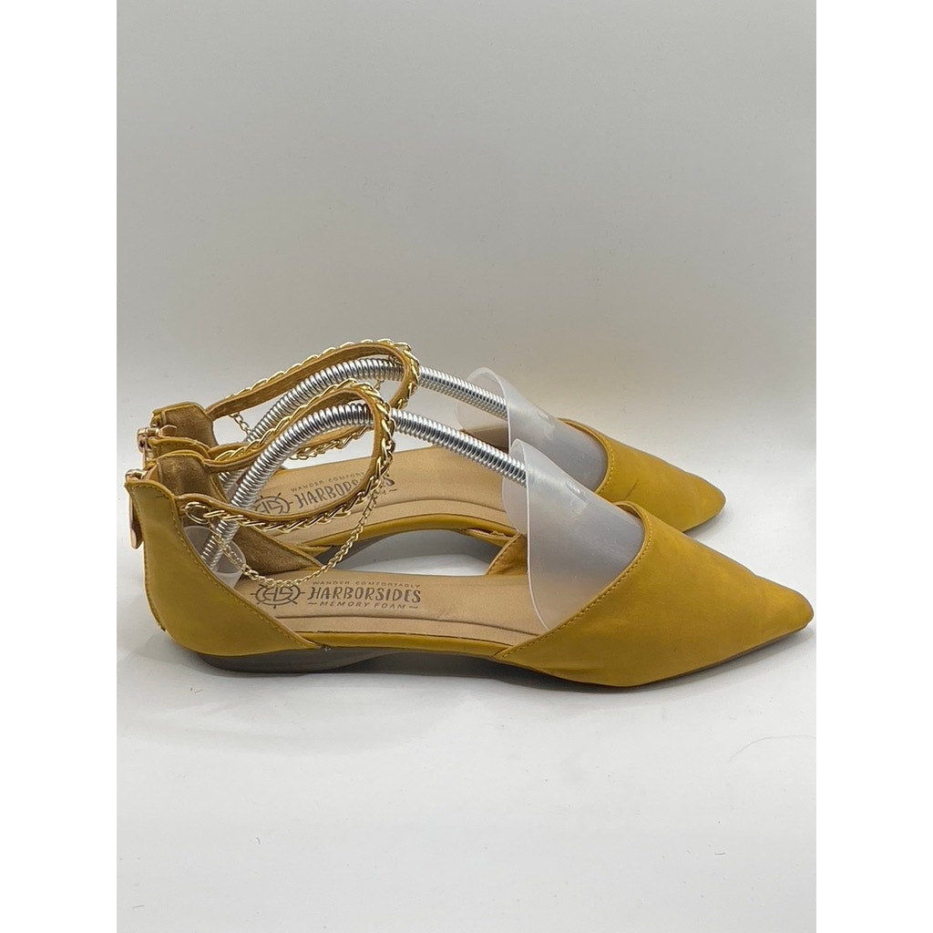 HARBORSIDES Women's Mustard Yellow Paxton Pointed-Toe Ankle-Strap Flats SZ 7.5