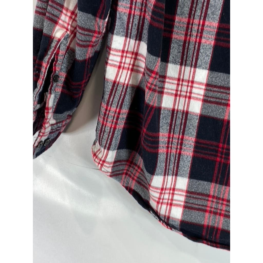 LANDS' END Men's Red/Black Plaid Traditional-Fit Button-Up Long Sleeve Shirt SZM