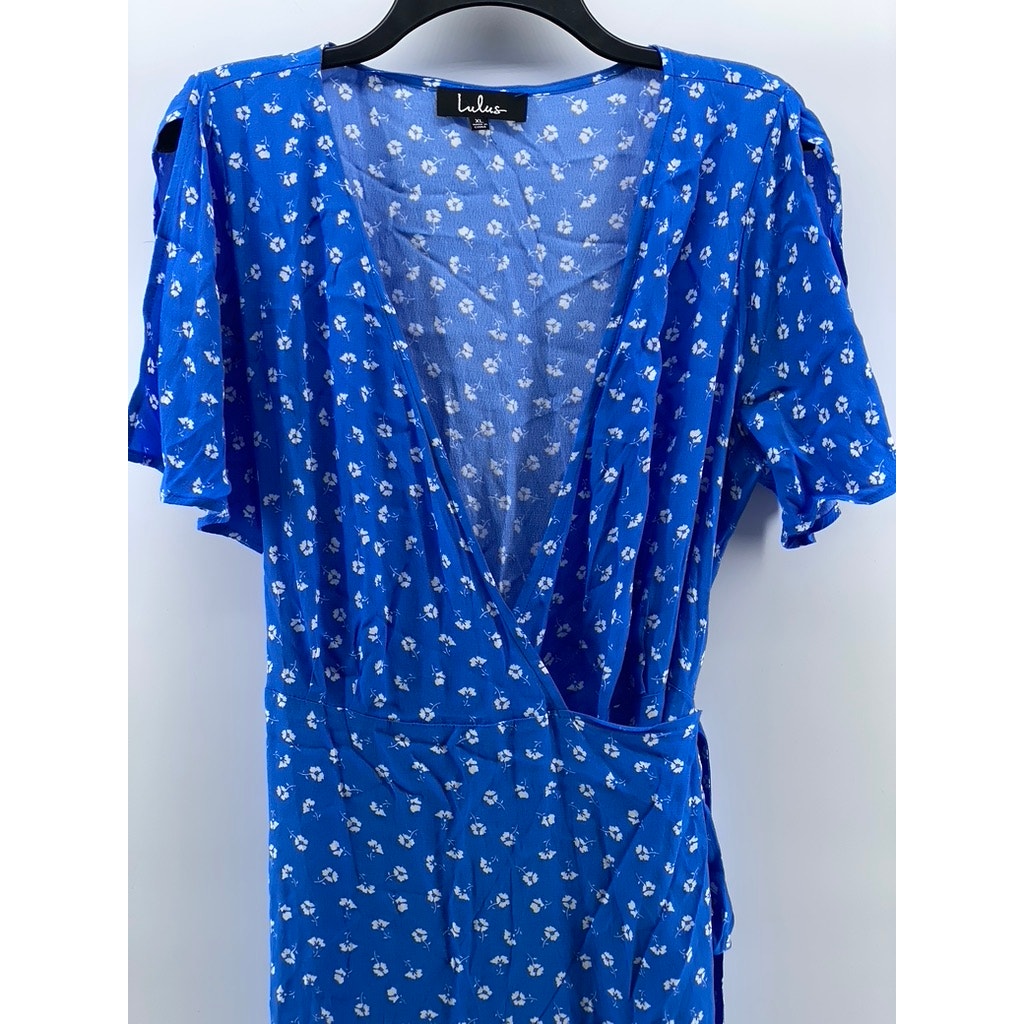 LULUS Women's Royal Blue Floral Short Sleeve Wrap Midi Dress SZ XL
