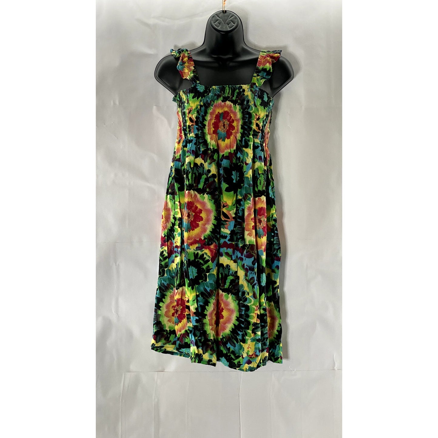 UNBRANDED Women's Green Multicolor Tie-Dye Print Smocked Ruffle Sleeve Dress SZS