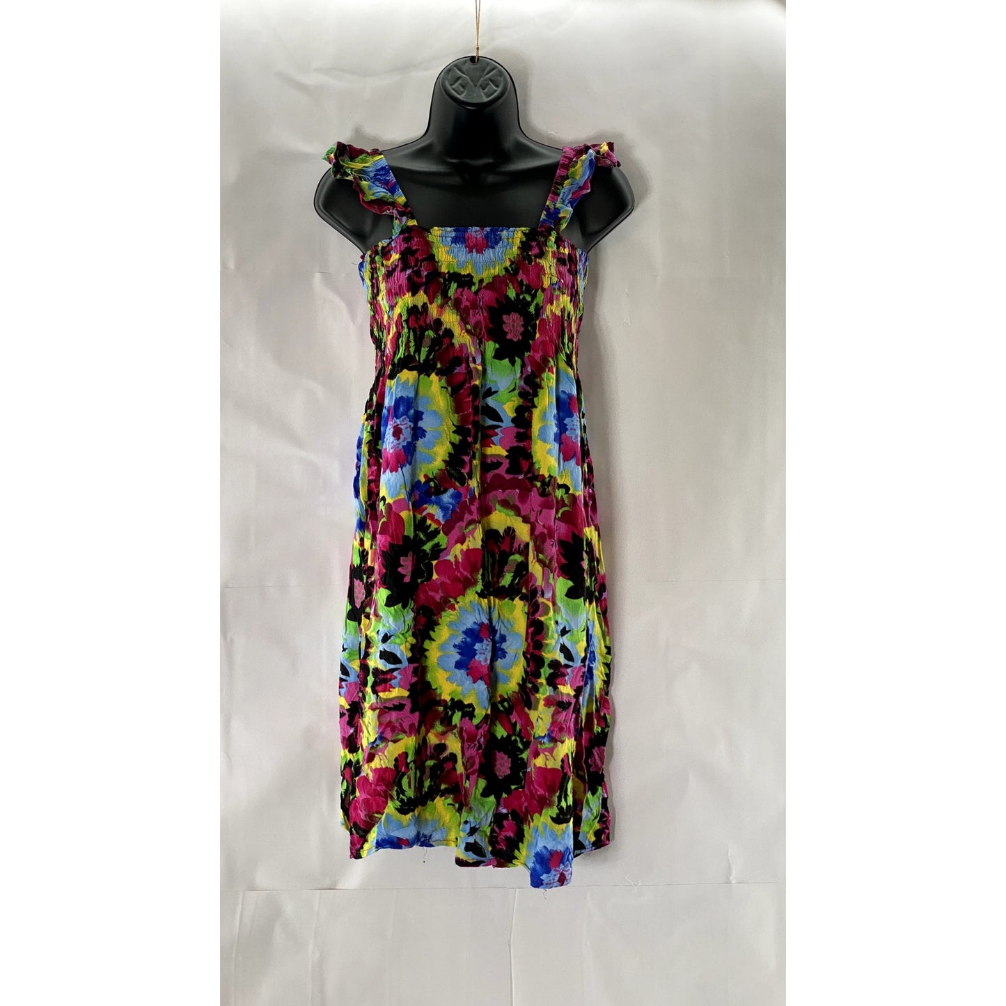 UNBRANDED Women's Multicolor Tie-Dye Print Smocked Ruffle Sleeve Dress SZ S