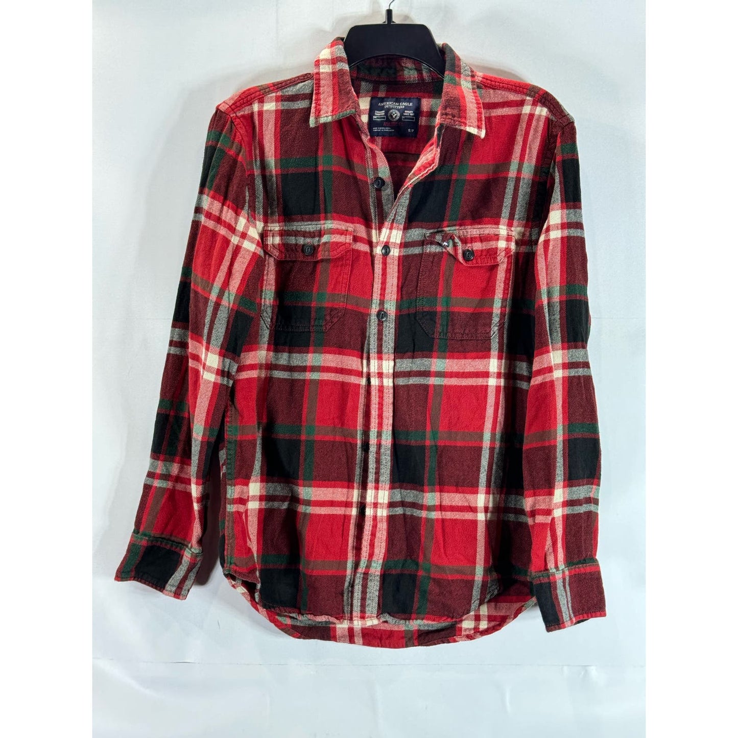 AMERICAN EAGLE OUTFITTERS Men's Red Plaid Athletic-Fit Button-Up Shirt SZ S