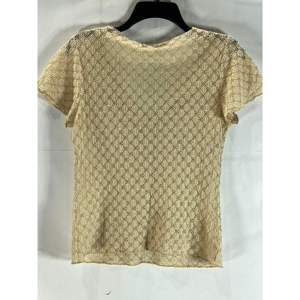 BANANA REPUBLIC Women's Tan Lace Stretch V-Neck Short Sleeve Top SZ M