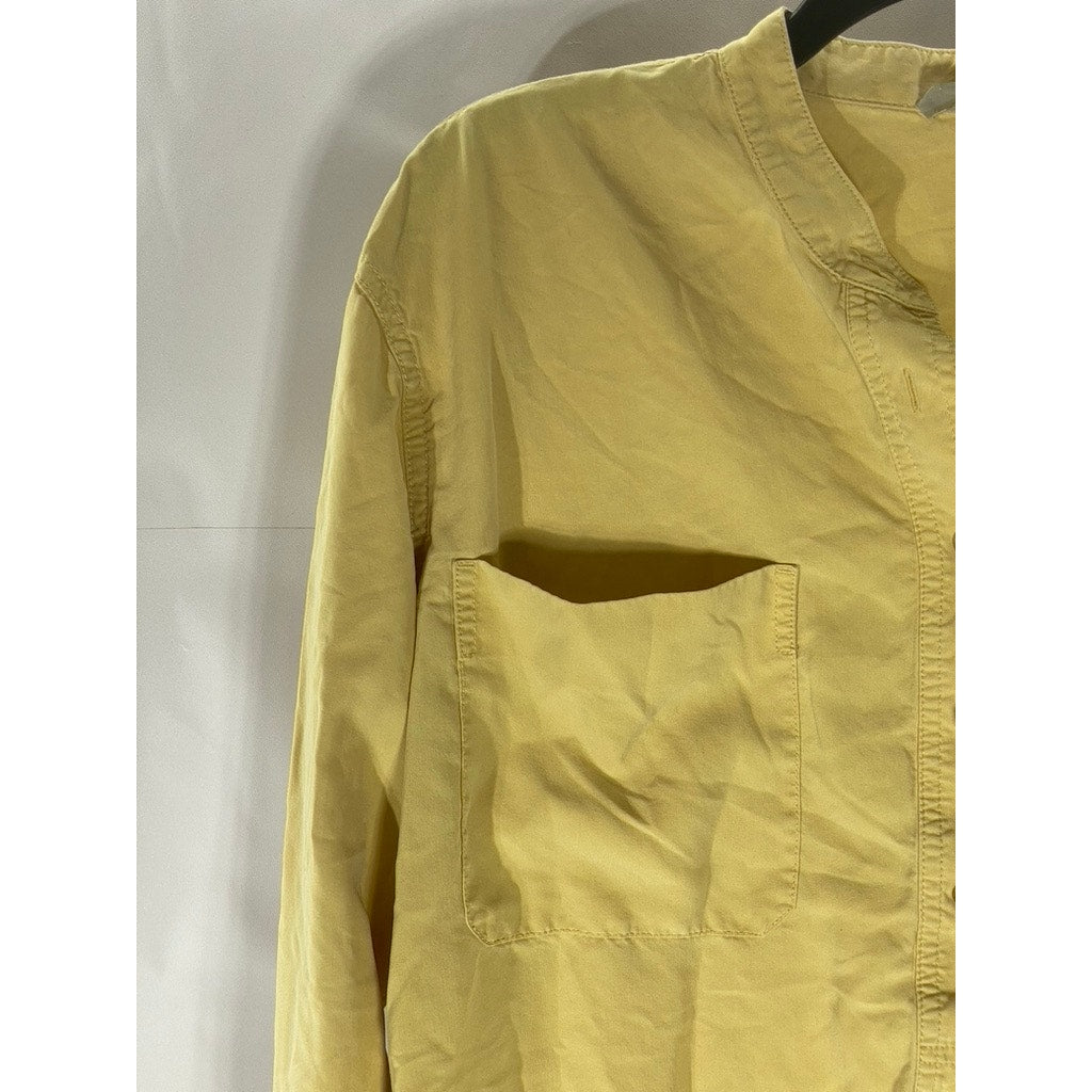 EVERLANE Women's Yellow Washable Silk Long Sleeve Henley Patch Pocket Top SZ 2