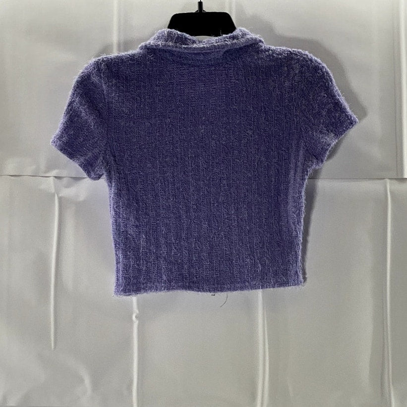 SHEIN Women's Purple Butterfly Collar Fuzzy Short Sleeve Zip-Up Crop Top SZ S