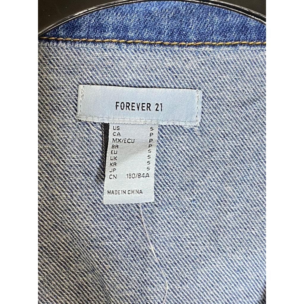 FOREVER 21 Women's Dark Blue Denim Cropped Notch Lapel Double Breasted Coat SZ S