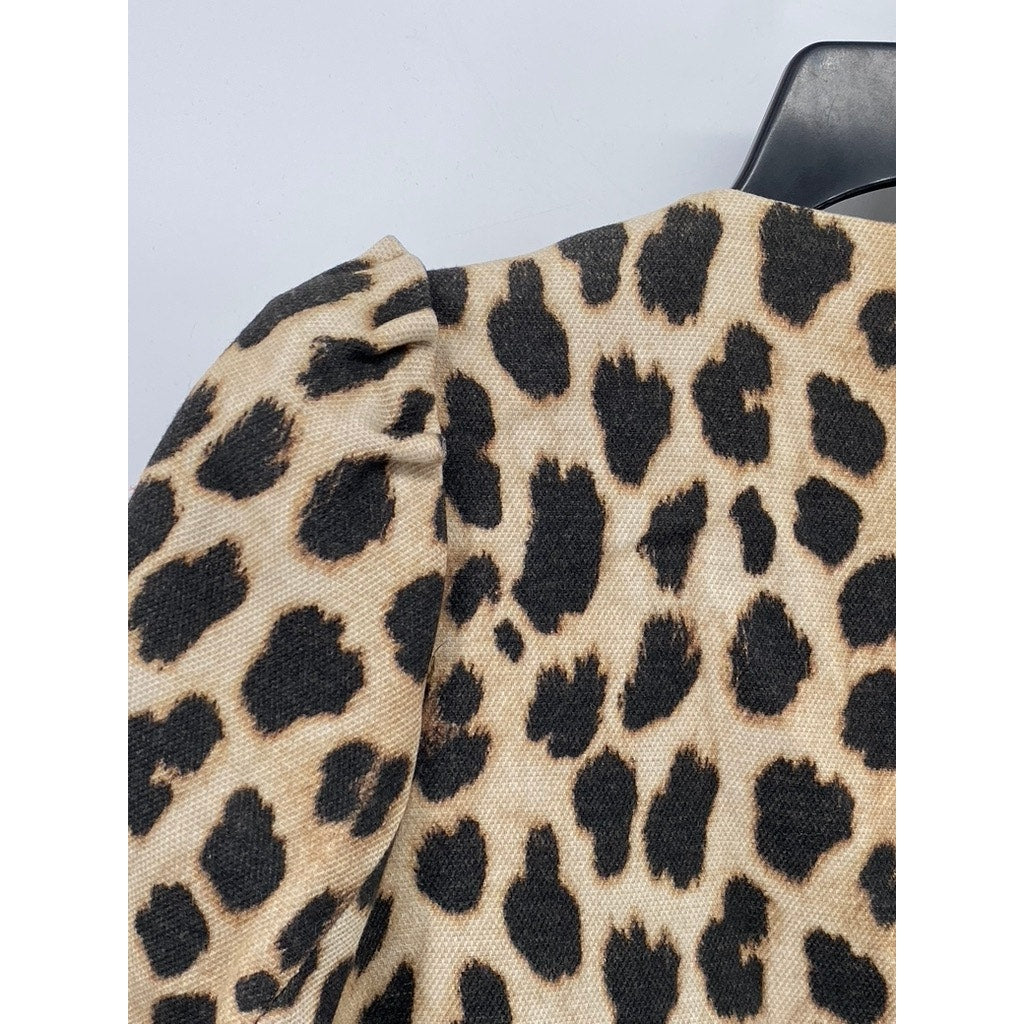 ZARA Women’s Tan-Black Animal Print Snap-Button Long Sleeve Collarless Coat SZ S