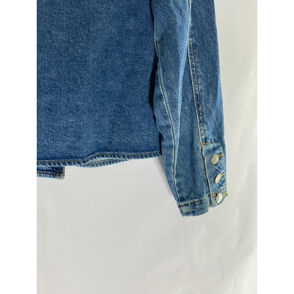 FOREVER 21 Women's Dark Blue Denim Cropped Notch Lapel Double Breasted Coat SZ S