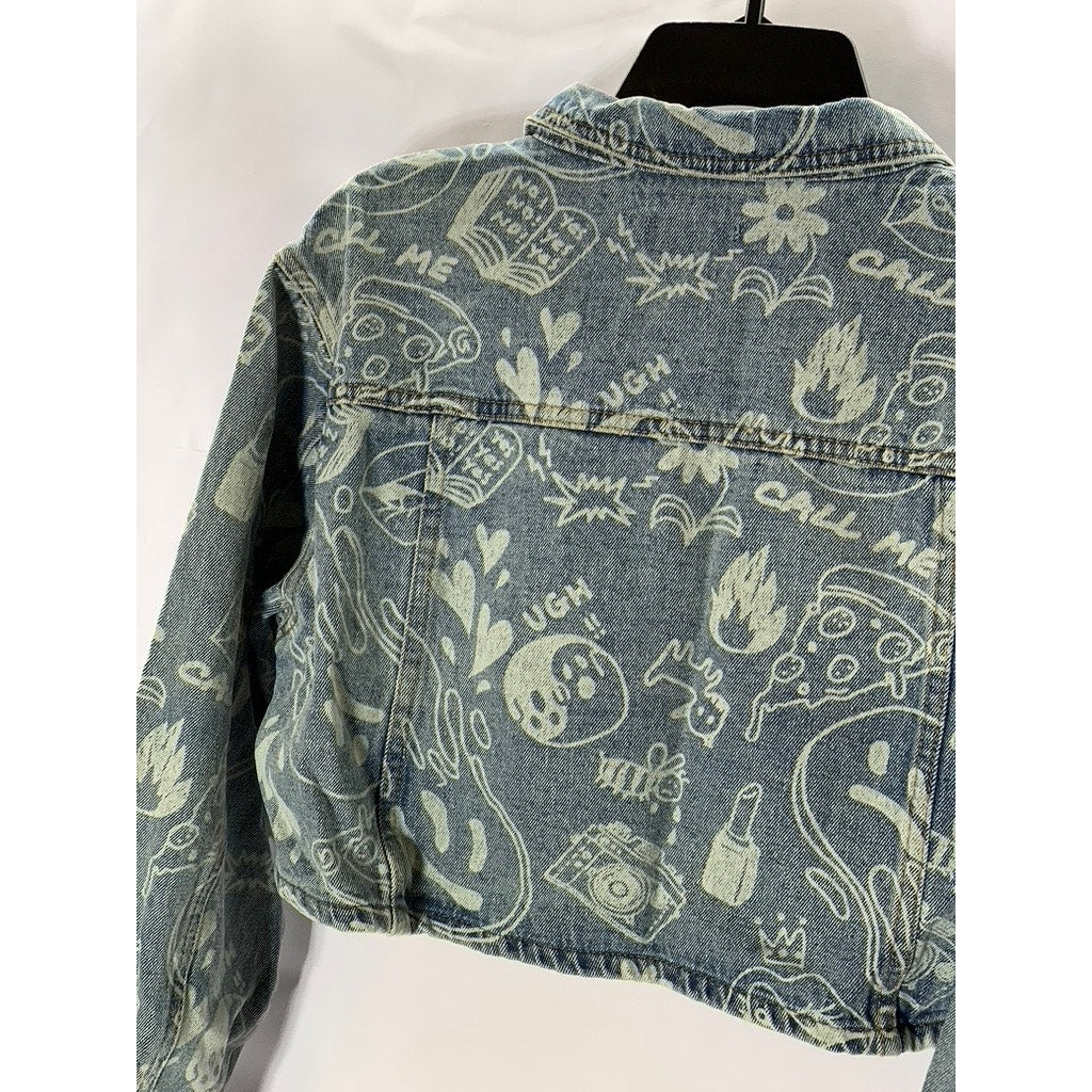 EDIKTED Women's Blue Malia Print Denim Long Sleeve Button-Up Cropped Jacket SZXS