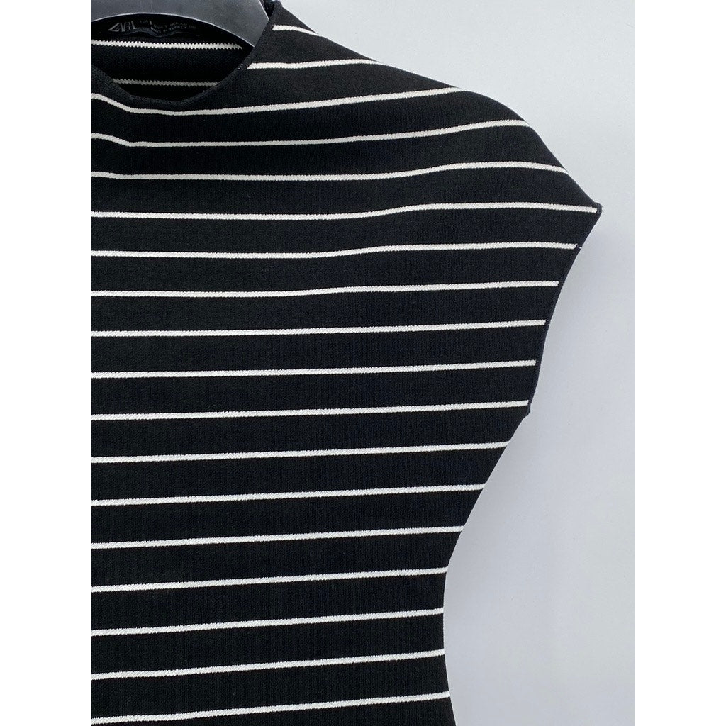 ZARA Women's Black-White Striped High-Neck Knit Short Sleeve Mini Dress SZ S