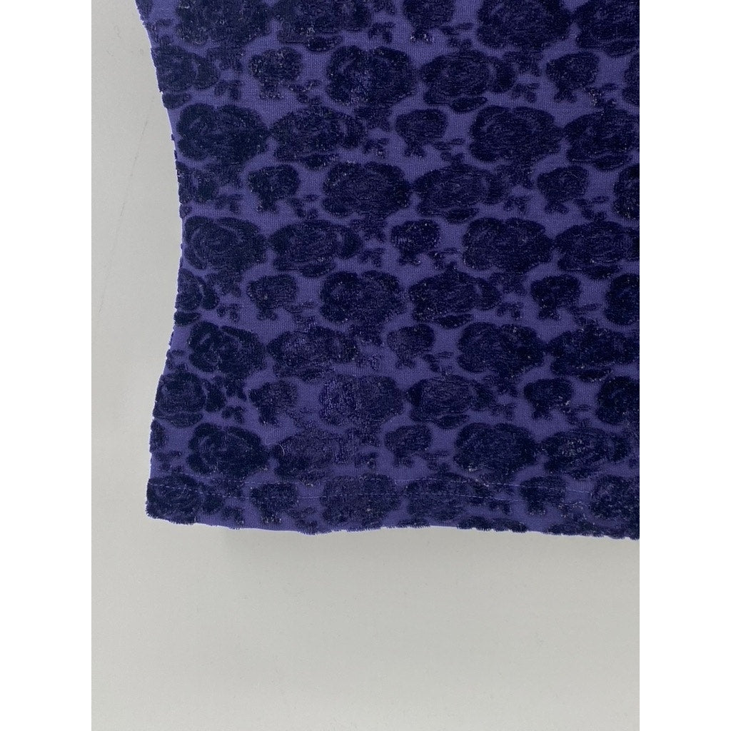 ANCHOR BLUE Women's Blue V-Neck Velvet Rose Print Sleeveless Cropped Top SZ S
