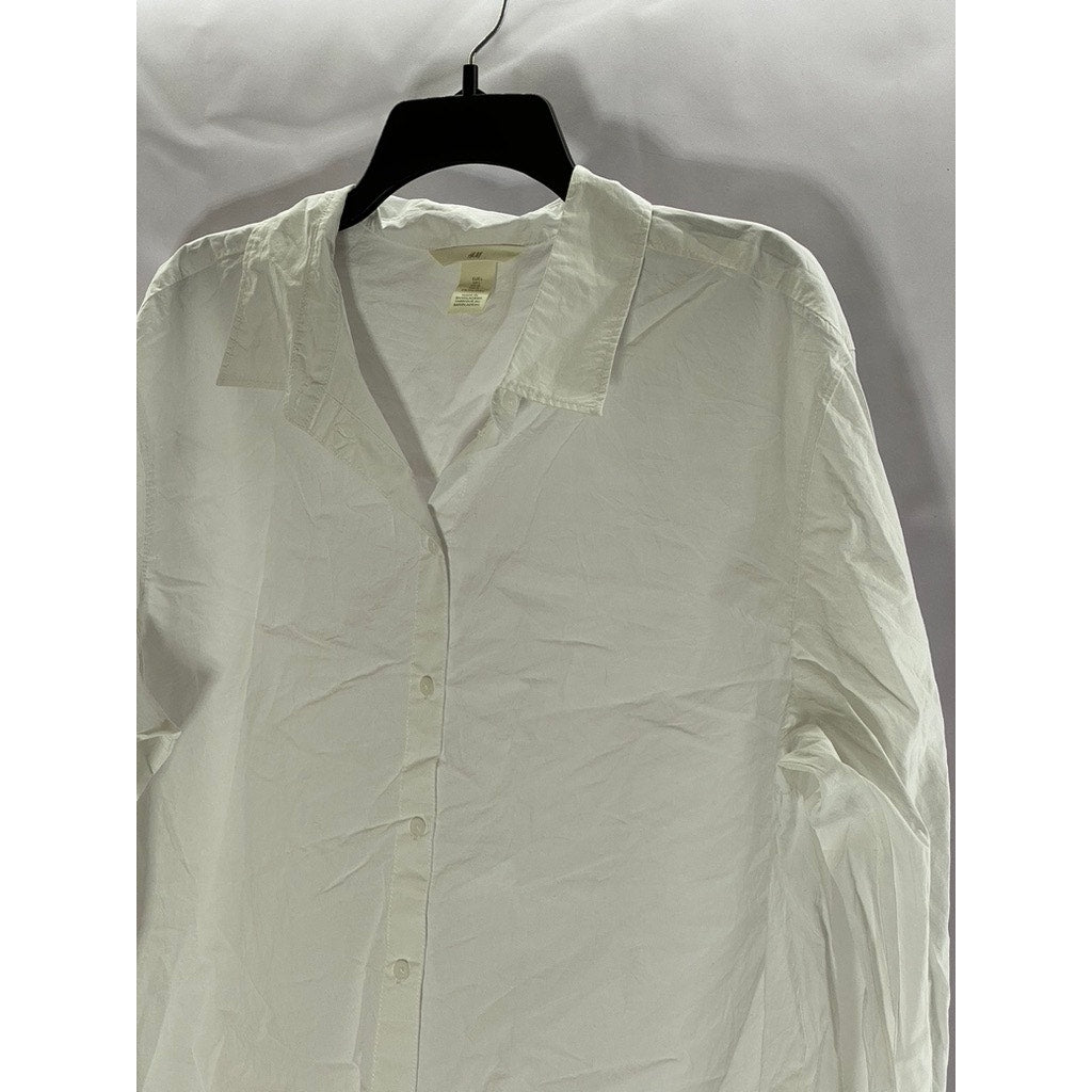 H&M Women's White Solid Button Down Long Sleeve Classic Shirt SZ L