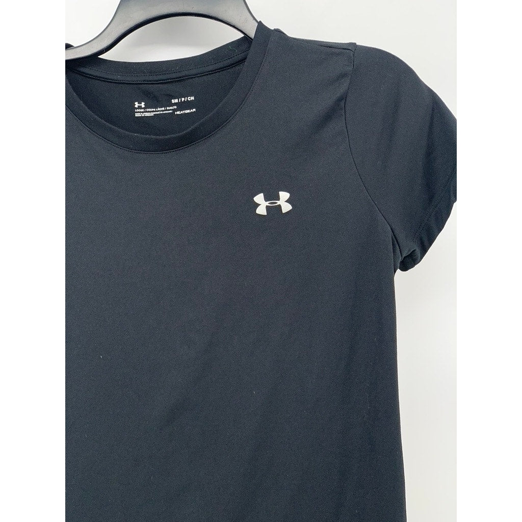 UNDER ARMOUR Women's Black-White Logo Loose Crewneck Short Sleeve Active Top SZS