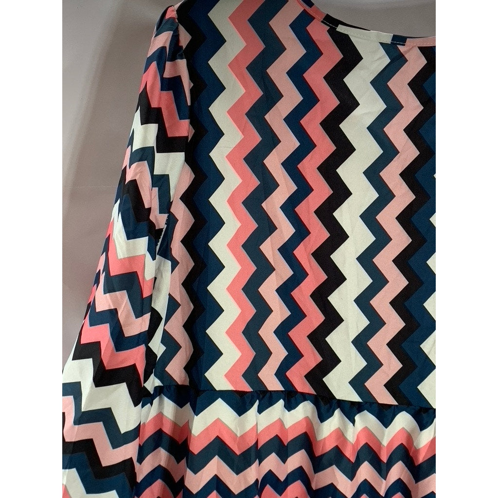 UNBRANDED Women's Pink/Black/White Zig-Zag Tie-Neck 3/4 Sleeve Midi Dress SZ XL