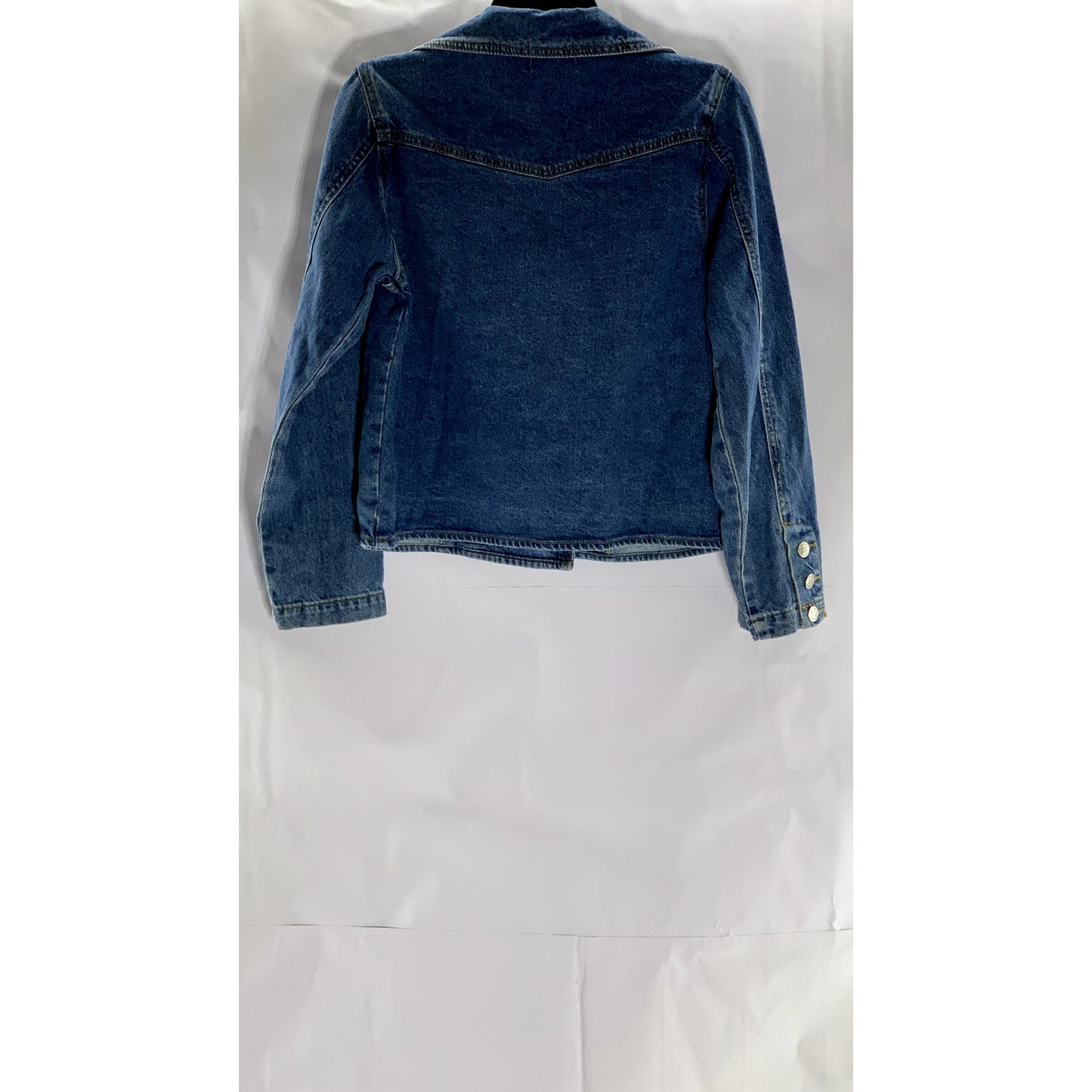 FOREVER 21 Women's Dark Blue Denim Cropped Notch Lapel Double Breasted Coat SZ S
