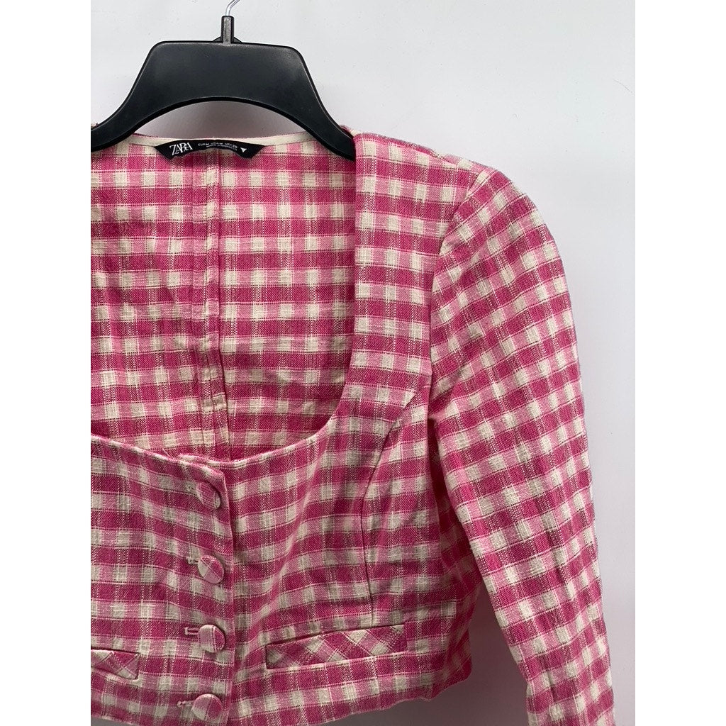 ZARA Women’s Pink Gingham Button-Up Straight Neck Long Sleeve Crop Top SZ M