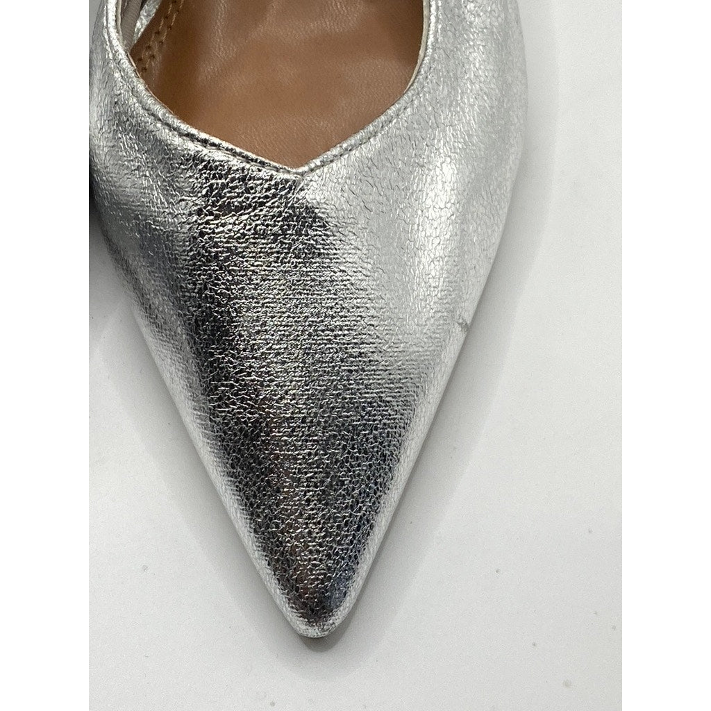 ASOS DESIGN Women's Silver Metallic Pointed-Toe Slingback Block Heel Pumps SZ 7