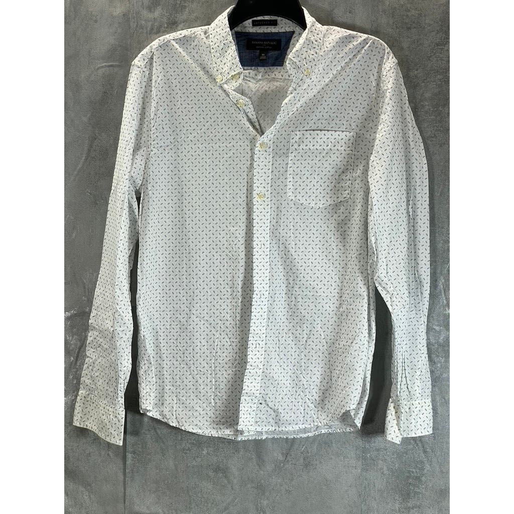 BANANA REPUBLIC Men's White/Grey Print Organic Cotton Untucked Fit Shirt SZ M