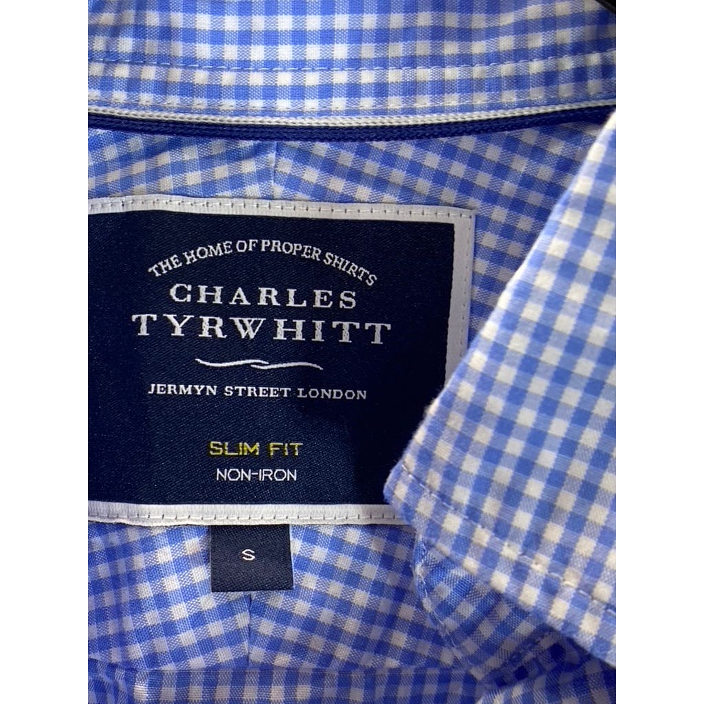 CHARLES TYRWHITT Men's Blue Gingham Slim-Fit Non-Iron Button-Up Shirt SZ S
