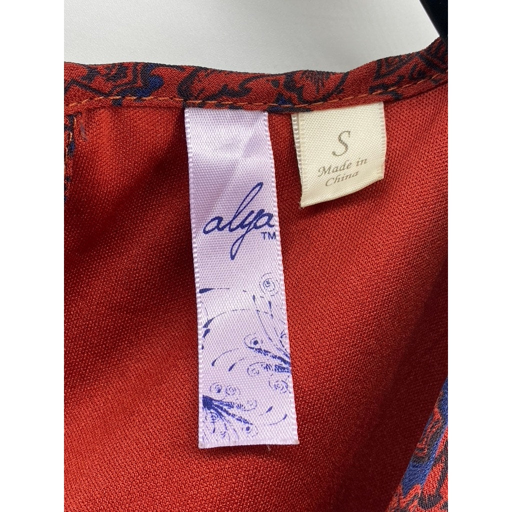 ALYA Women's Red-Blue Printed Crewneck Sleeveless Pullover A-Line Tank Dress SZS