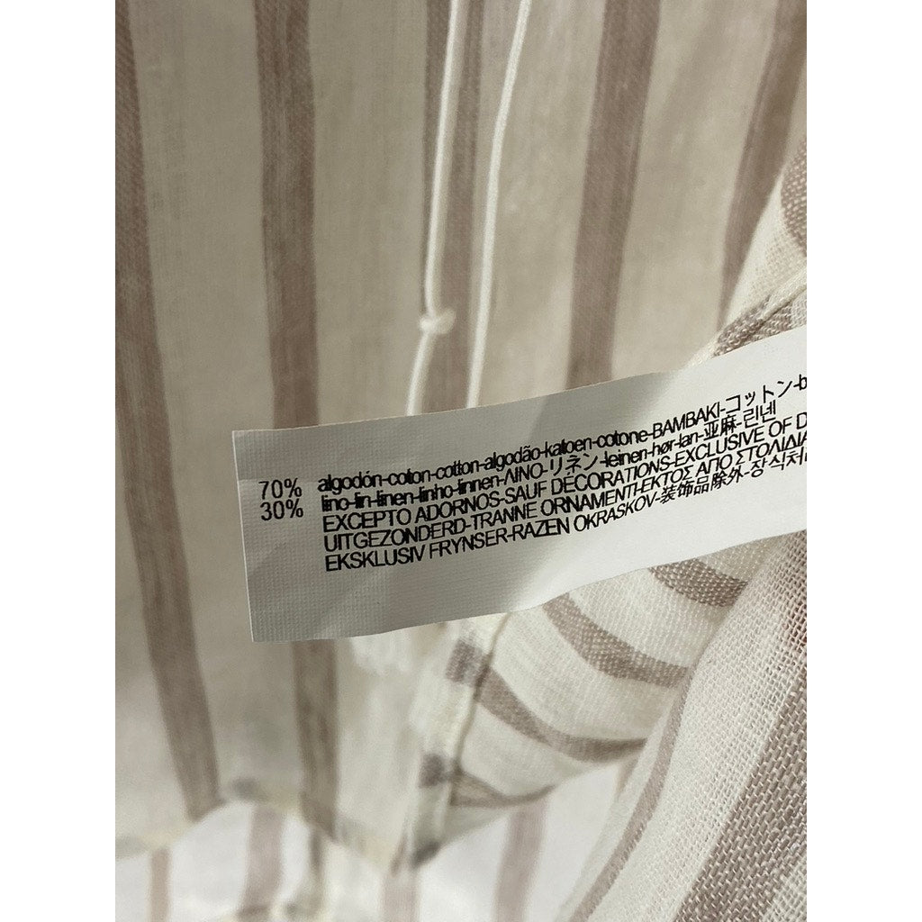 ZARA BASIC Women’s Beige Striped Tie-Neck Sleeveless Cotton-Linen Top SZ S