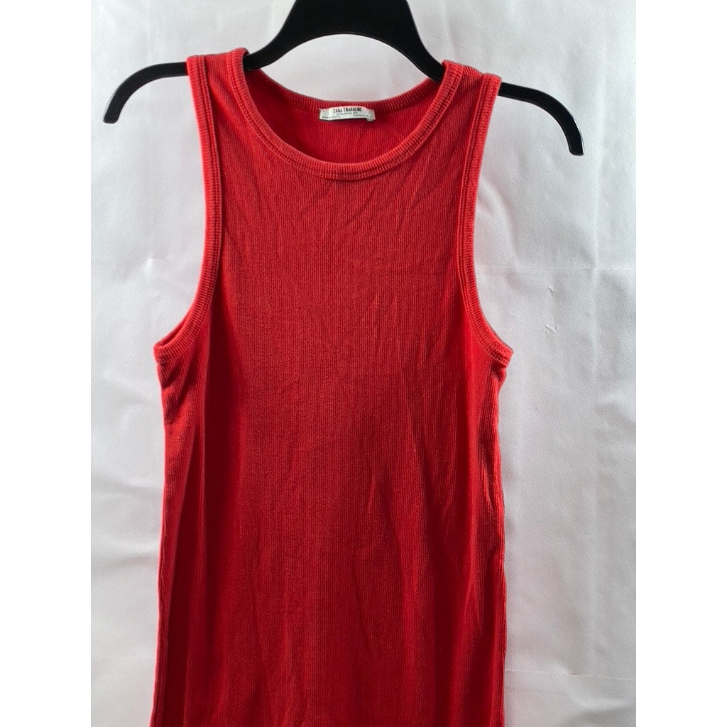 ZARA TRAFALUC Women's Red Ribbed Crewneck Casual Sleeveless Mini Dress SZ L