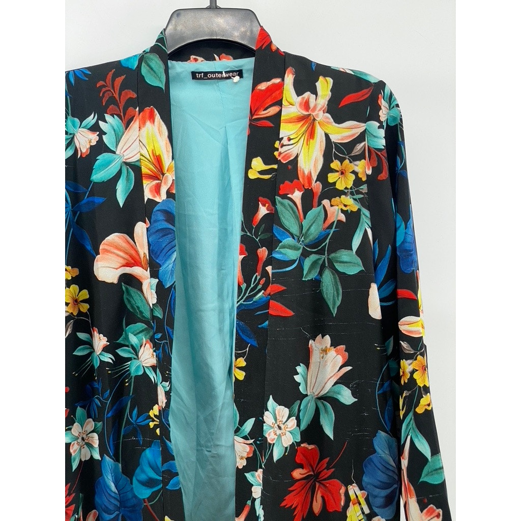 ZARA TRF OUTERWEAR Women’s Black-Multi Floral Open-Front Long Blazer SZ S