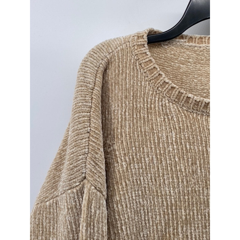 AQUA Women's Tan Ribbed Crewneck Soft Knit Pullover Sweater SZ M