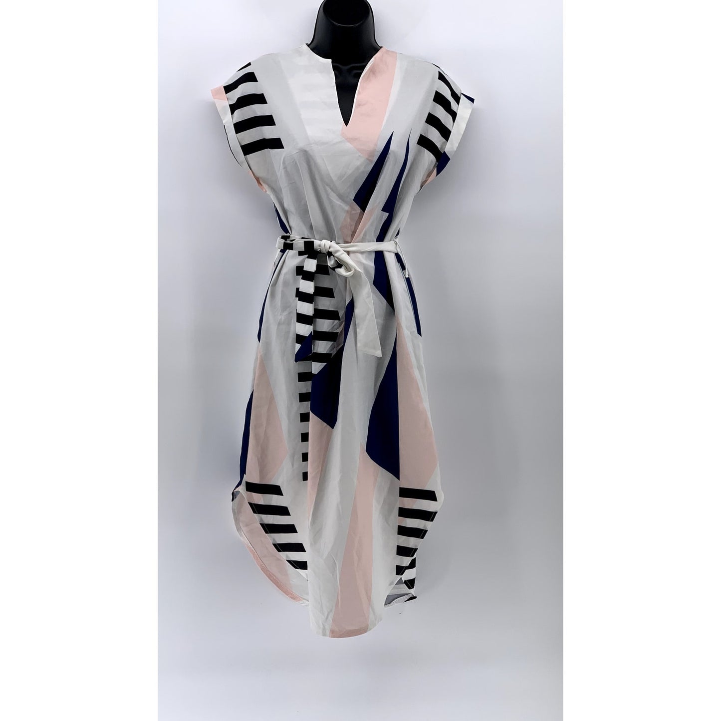 UNBRANDED Women's White-Pink-Black V-Neck Cuffed Slip A-Line Belted Dress SZ S