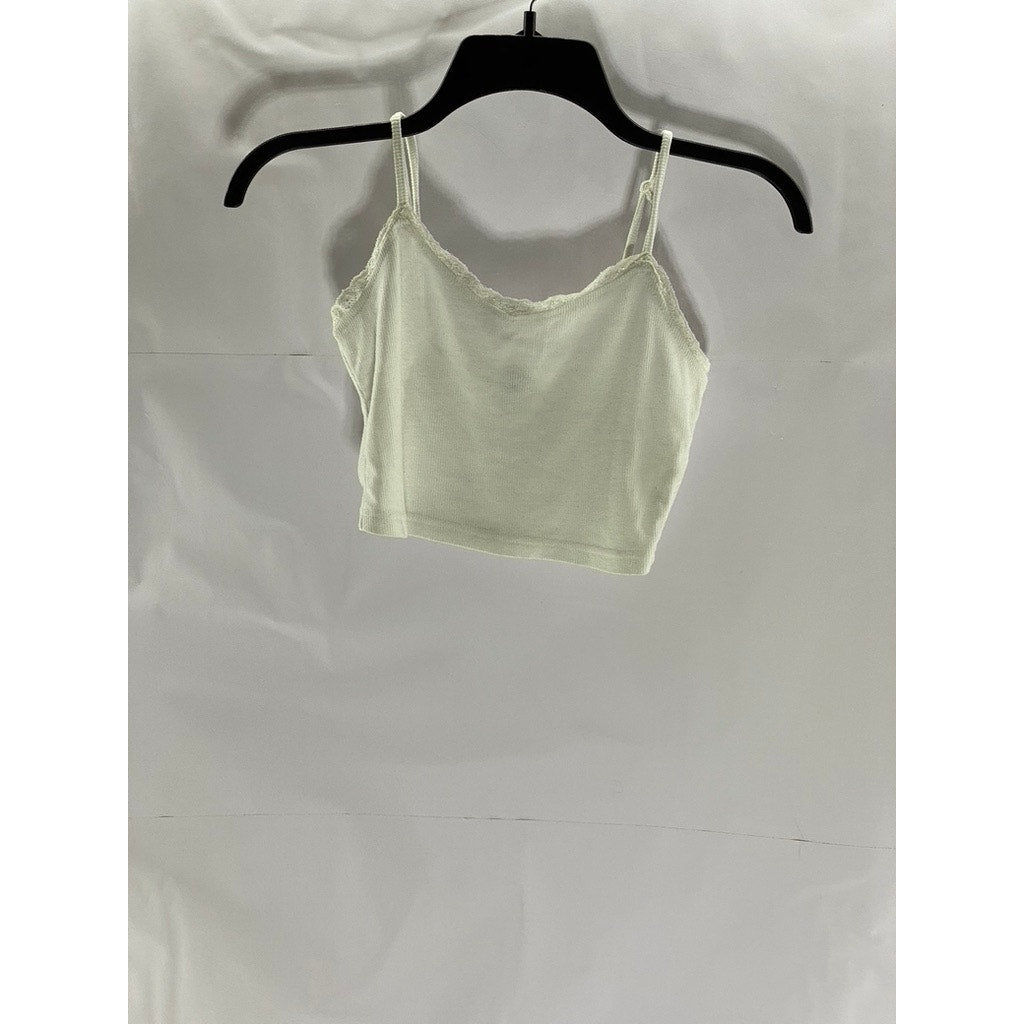 SHEIN Women's White Ribbed Lace-Trim Scoop-Neck Cropped Tank Top SZ XS