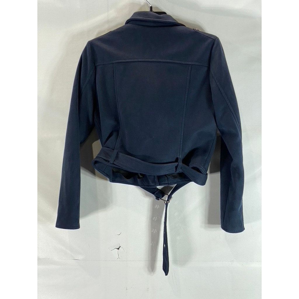 PRIMARK Women's Navy Asymmetrical Moto Faux Suede Buckle Biker Jacket SZ 8