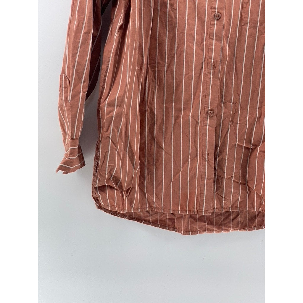 A NEW DAY Women's Terracotta-White Striped Button-Up Long Sleeve Top SZ L