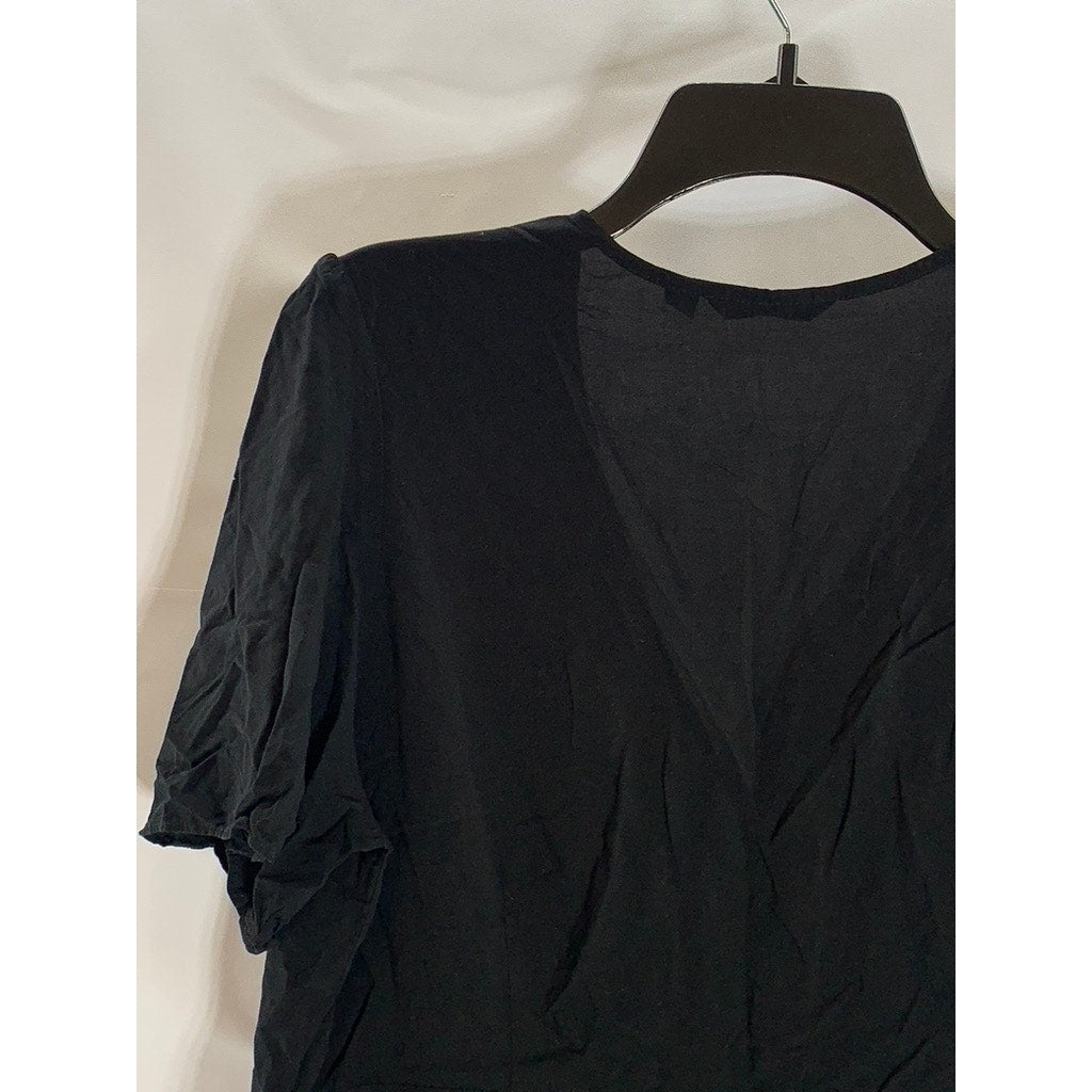 UNIQLO Women's Black Solid V-Neck Short Sleeve Button-Front Midi Dress SZ L