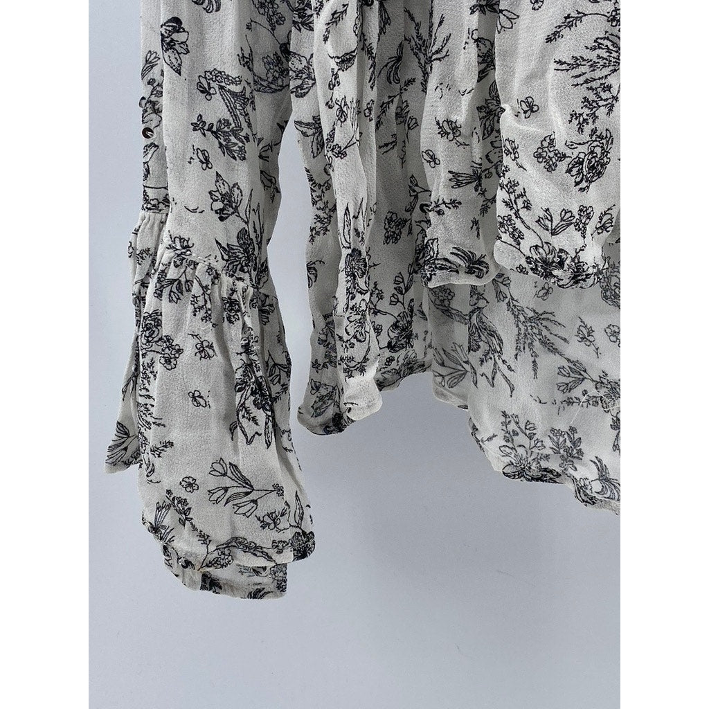 ZARA Women's Light Gray Floral Sequin Embellished Long Flare Sleeve Top SZ L