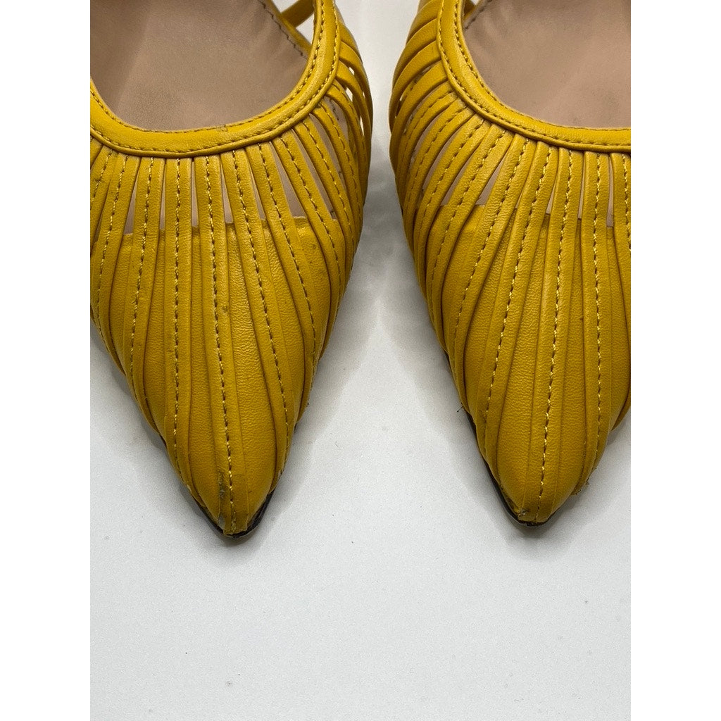 ZARA Women’s Mustard Yellow Cutout Strappy Pointed-Toe Slingback Heels SZ US6.5