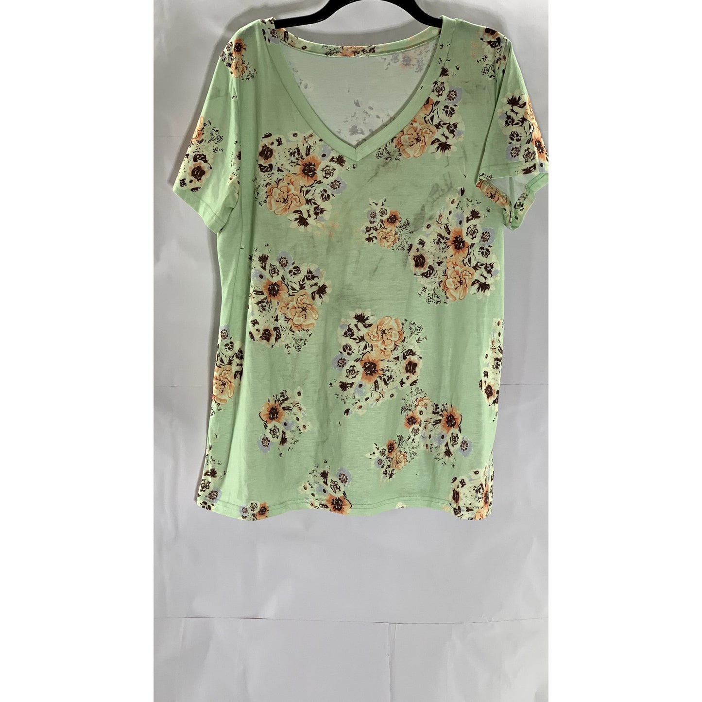 UNBRANDED Women's Light Green Floral Print V-Neck Short Sleeve Top SZ XL