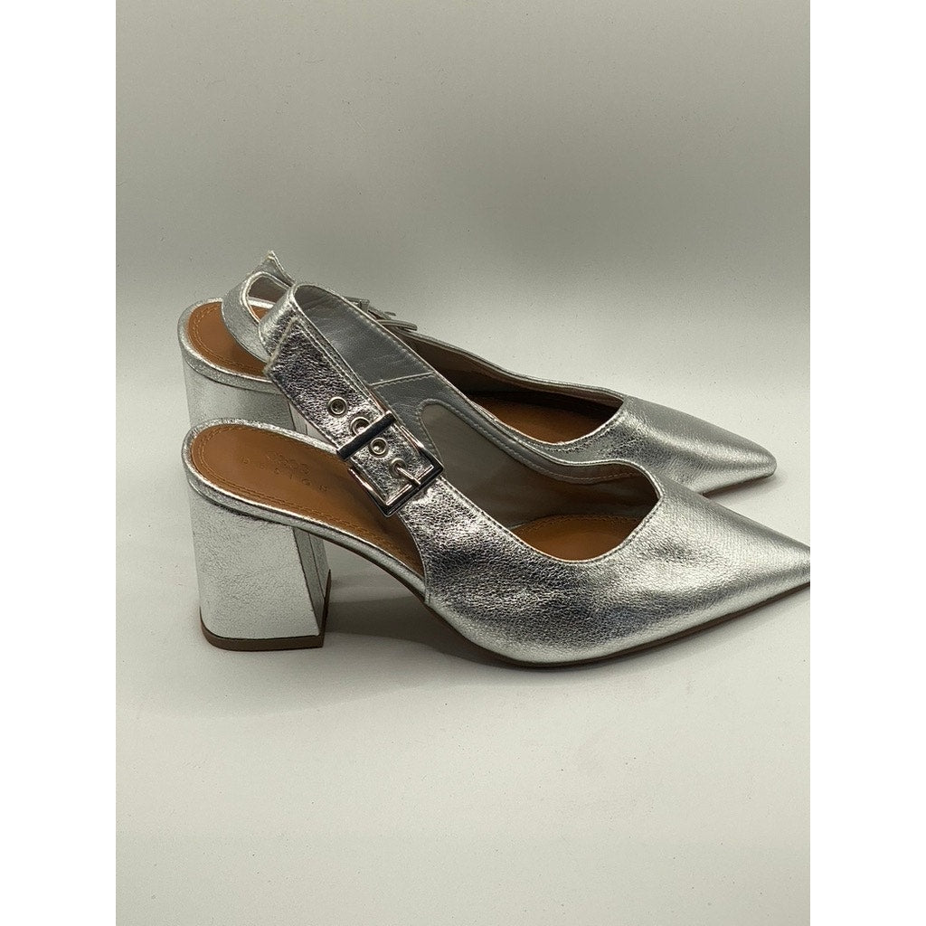 ASOS DESIGN Women's Silver Metallic Pointed-Toe Slingback Block Heel Pumps SZ 7