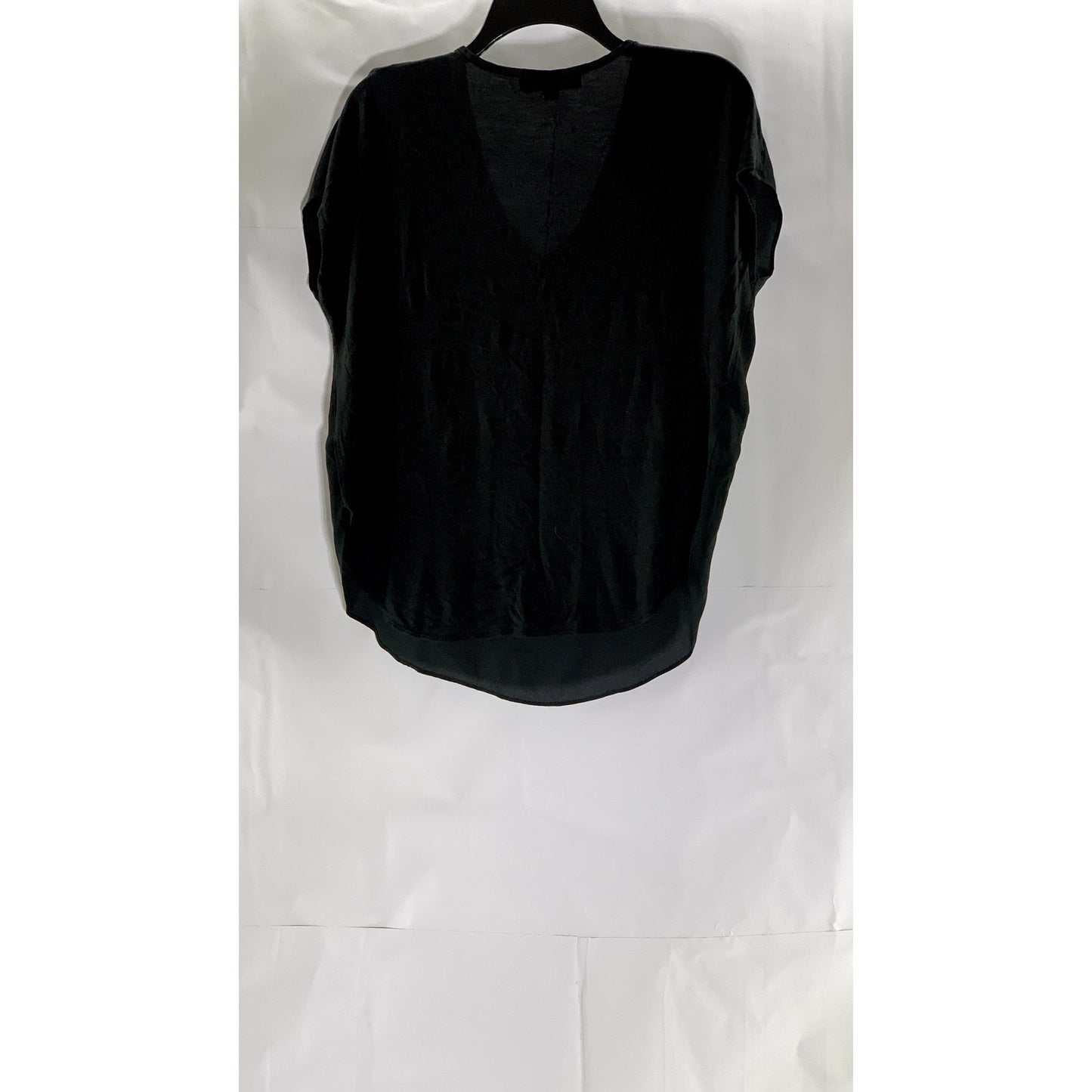 LOFT Women's Black Solid Sheer V-Neck Short Sleeve Round Hem Top SZ S