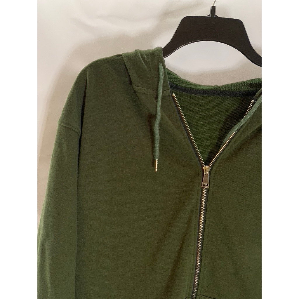 UNBRANDED Women's Army Green Solid Casual Zip-Up Hooded Sweater SZ L