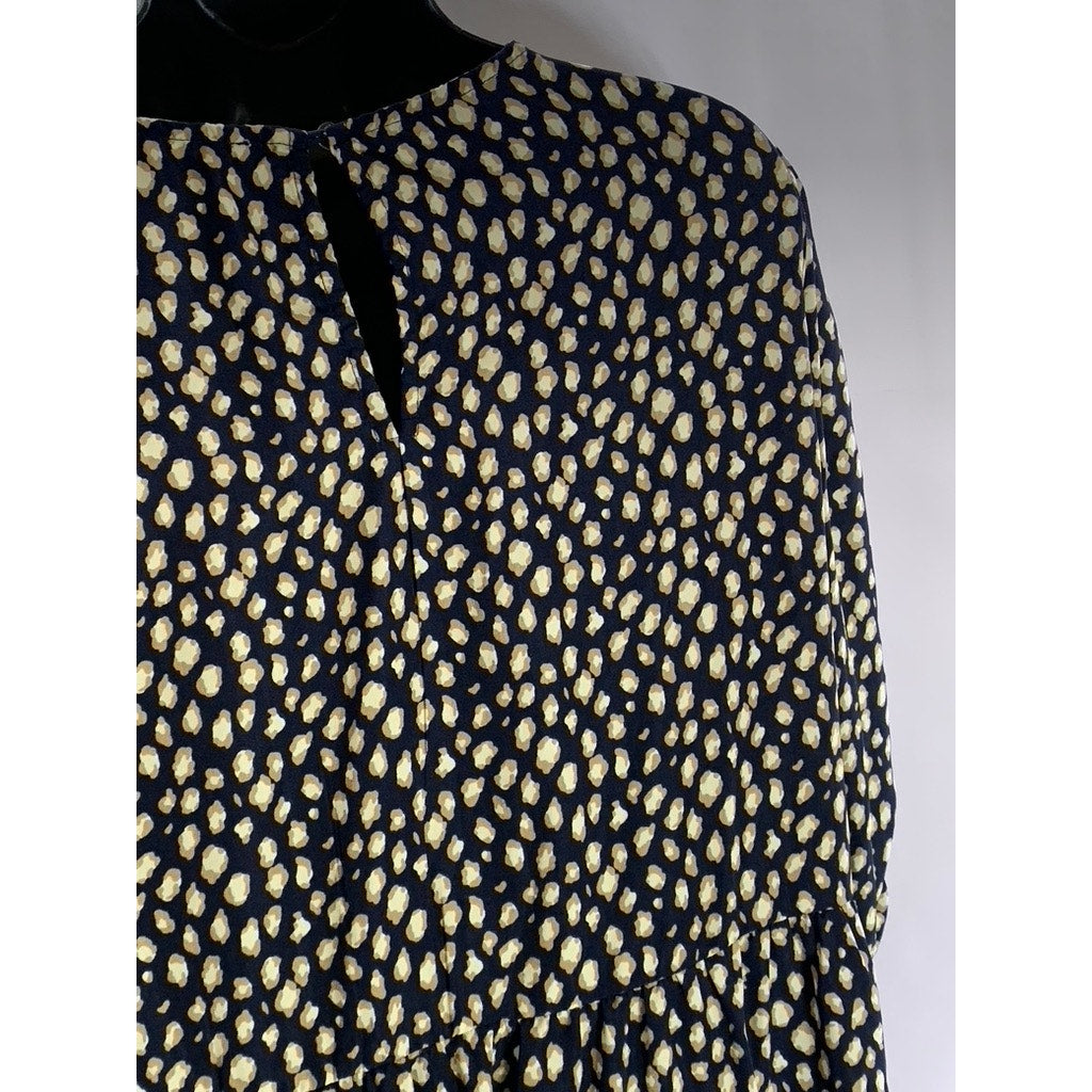 CALISTA Women's Navy Printed Crewneck Puff-Sleeve Tiered Midi Dress SZ L