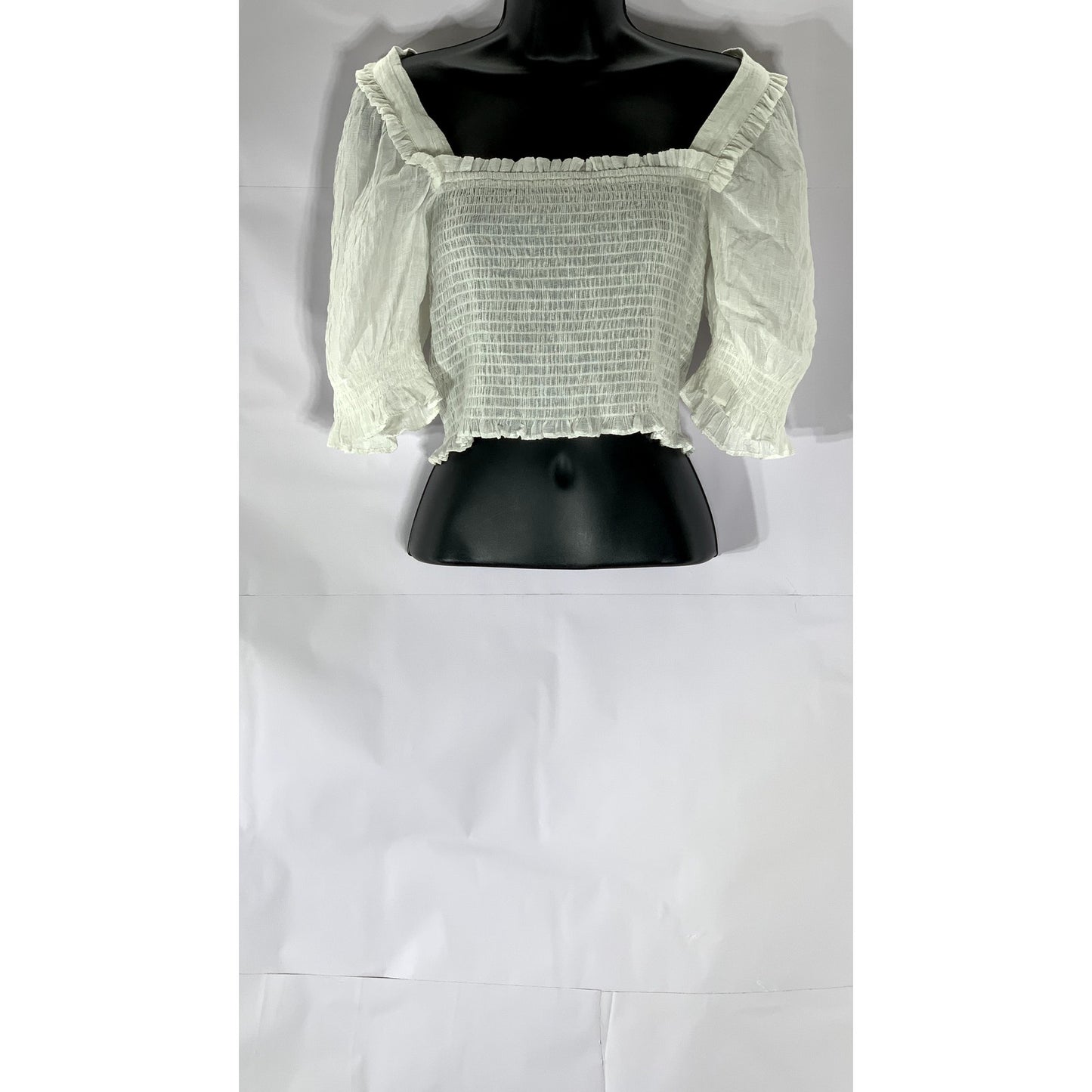 H&M Women's White Smocked Conscious Choice Puff-Sleeve Crop Top SZ S