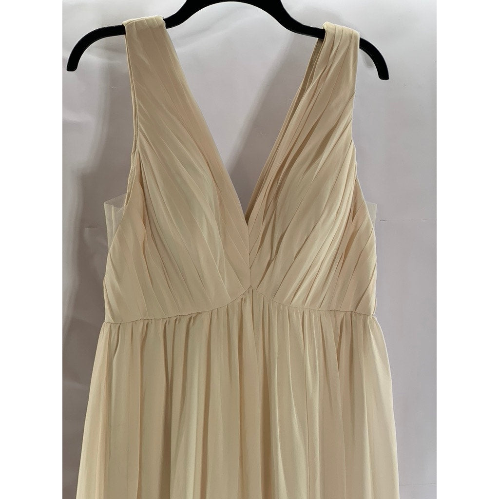AZAZIE Women's Beige Double V-Neck Sleeveless Mesh Maxi A-Line Dress SZ 12